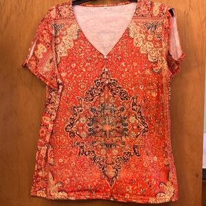 Bohemian Red Print V-Neck Top